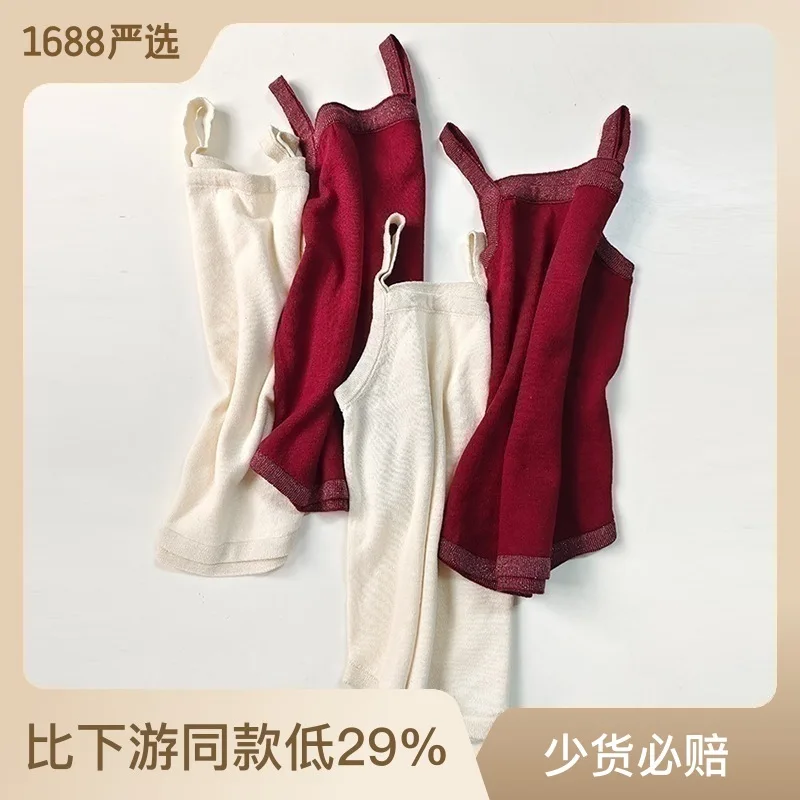 

Jenny&Dave 2023 New Combed Cotton Imported Gold Ribbon Baby Knitted Suspender Girl Wine Red Summer Thin Tank Top