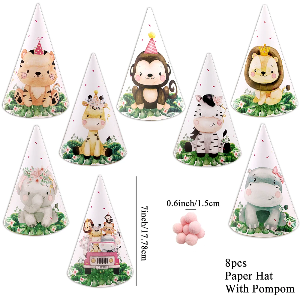 8pcs Wild Animal Paper Party Hats For Kids Jungle Forest Birthday Baby Shower Party DIY Decoration Home Supplies