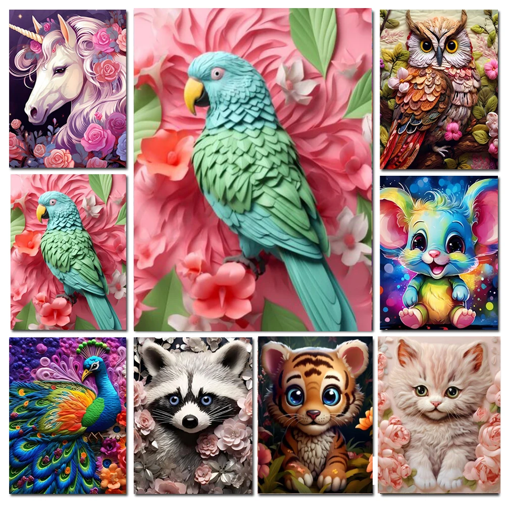 Diamond Painting Flowers Animals Tiger Dolphin Owl Raccoon Peacock Parrot Full Square Round Mosaic Embroidery Cross Stitch V528