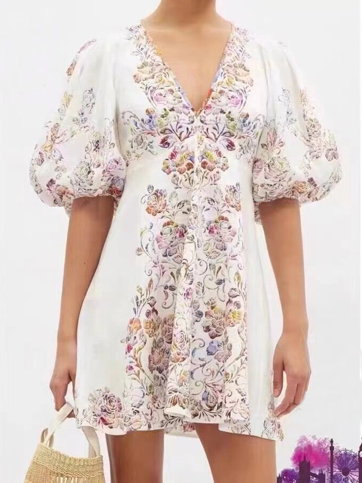 

Women Lace Dress Spring Summer Flora Print V-Neck Puff Sleeve Ladies Dress Beach Hot Sexy Dress Size S-XL