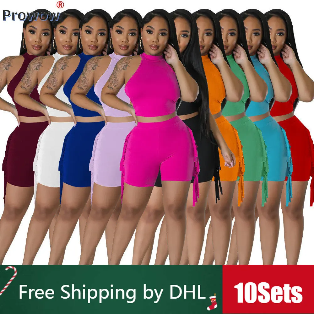 

10Sets Bulk Casual Tracksuits Women Summer 2023 Y2k Solid Two Piece Set Outfits Sleeveless Crop Top Tassel Shorts Wholesale 9685