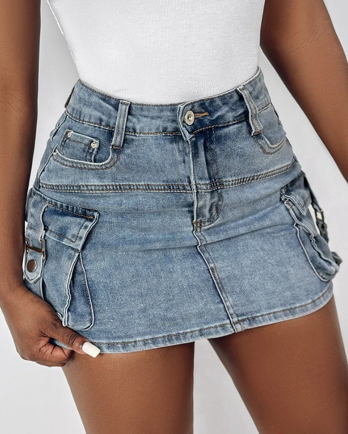 Women's Fashion Short Skirt Pocket Design Buckled Denim Skirt 2024 Spring/summer Latest Casual Tight Daily Versatile Mini Skirt women s half skirt 2024 spring summer latest thin high waist tight light color everyday versatile wrap hip split denim skirt