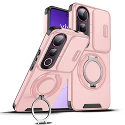 Sliding Camera Protector Rugged Phone Case with Metal Bracket for Vivo V40 Pro (Pink)