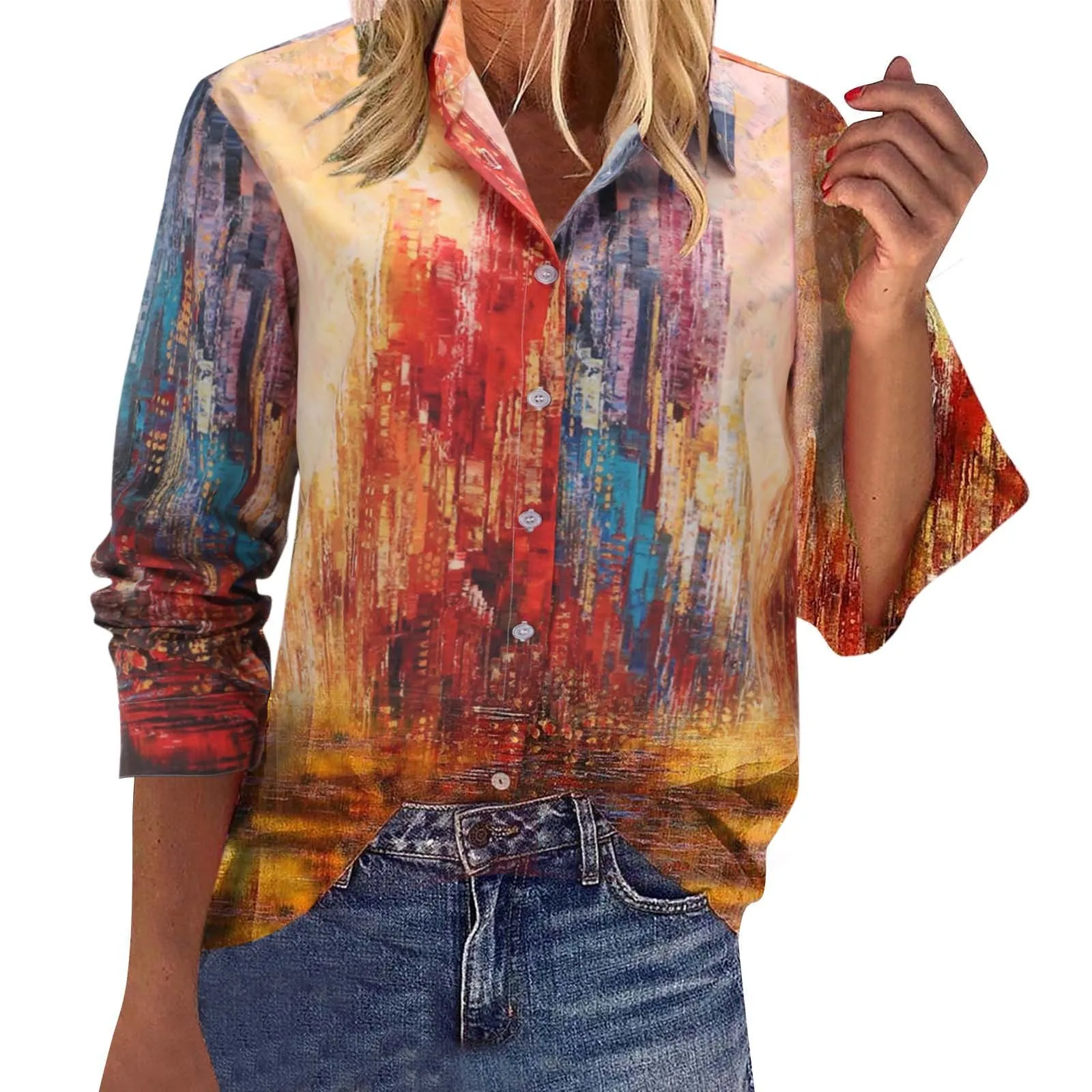 

Women Floral TShirts Boho Tops Casual Button Neckline Shirts Blouses Long Sleeve Tee Shirts Teacher Shirts for Women