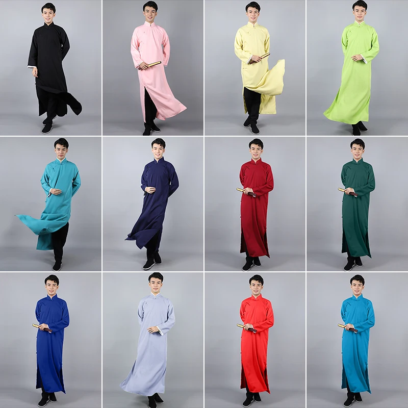 Men Chinese Traditional Hanfu Tang Suit Kung Fu Tai Chi Long Robes Crosstalk Stage Costume Groomsman Retro Qipao Dress Gown
