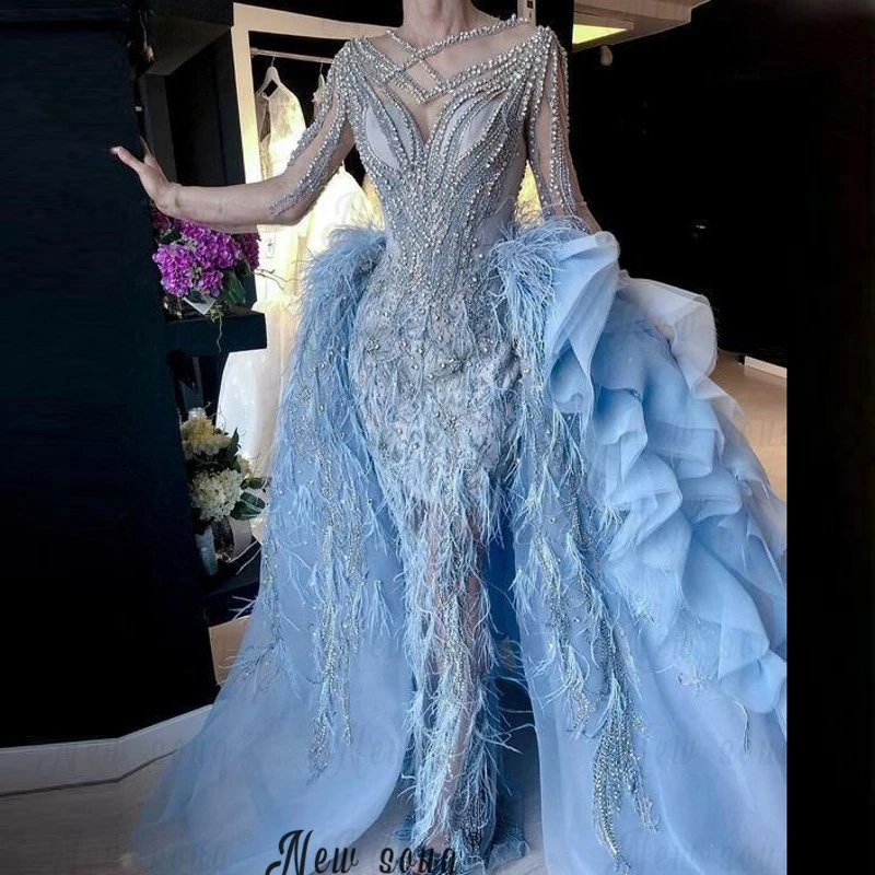 

Dubai Heavy Beaded Mermaid Evening Dress Spaghetti Strap Crystals Feather Prom Gowns With Detachable Train Custom Made Color