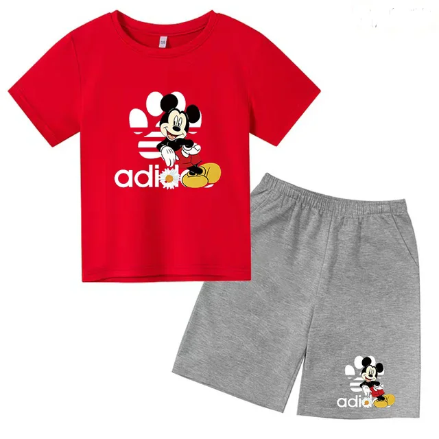 thumbnail image 1 of Conjunto de 2 piezas de camiseta y pantalones cortos de marca Disney de manga corta de verano para niños y niñas, conjuntos de moda para bebés de 2 a 12 años, 1 of 5
