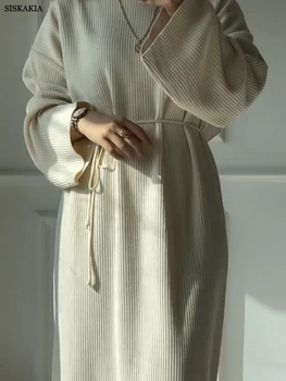 Siskakia Ramadan Morocco Solid Knitting Abayas Dubai Elegant Casual Dress Loose Stylish Women Clothes