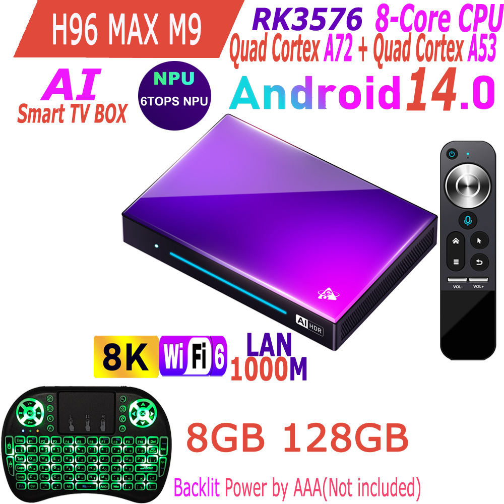 Android 14.0 AI Smart TV Box RK3576 8-Core NPU 6TOPS 8K HDR 1000M LAN Wifi6 BT5.4 Dual Wifi 2.4G 5G Media Player H96 Max M9