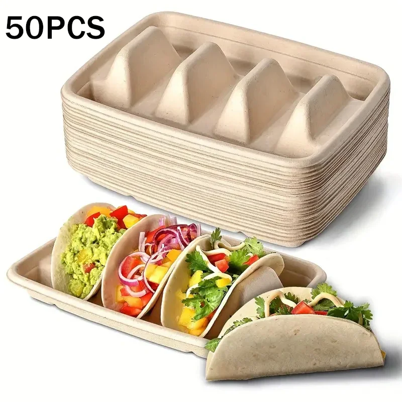 

50pcs Disposable Taco Shelf Holder Compartments Degradable Pulp Compostable Tortilla Packing Box Tray Portable Takeaway Picnic