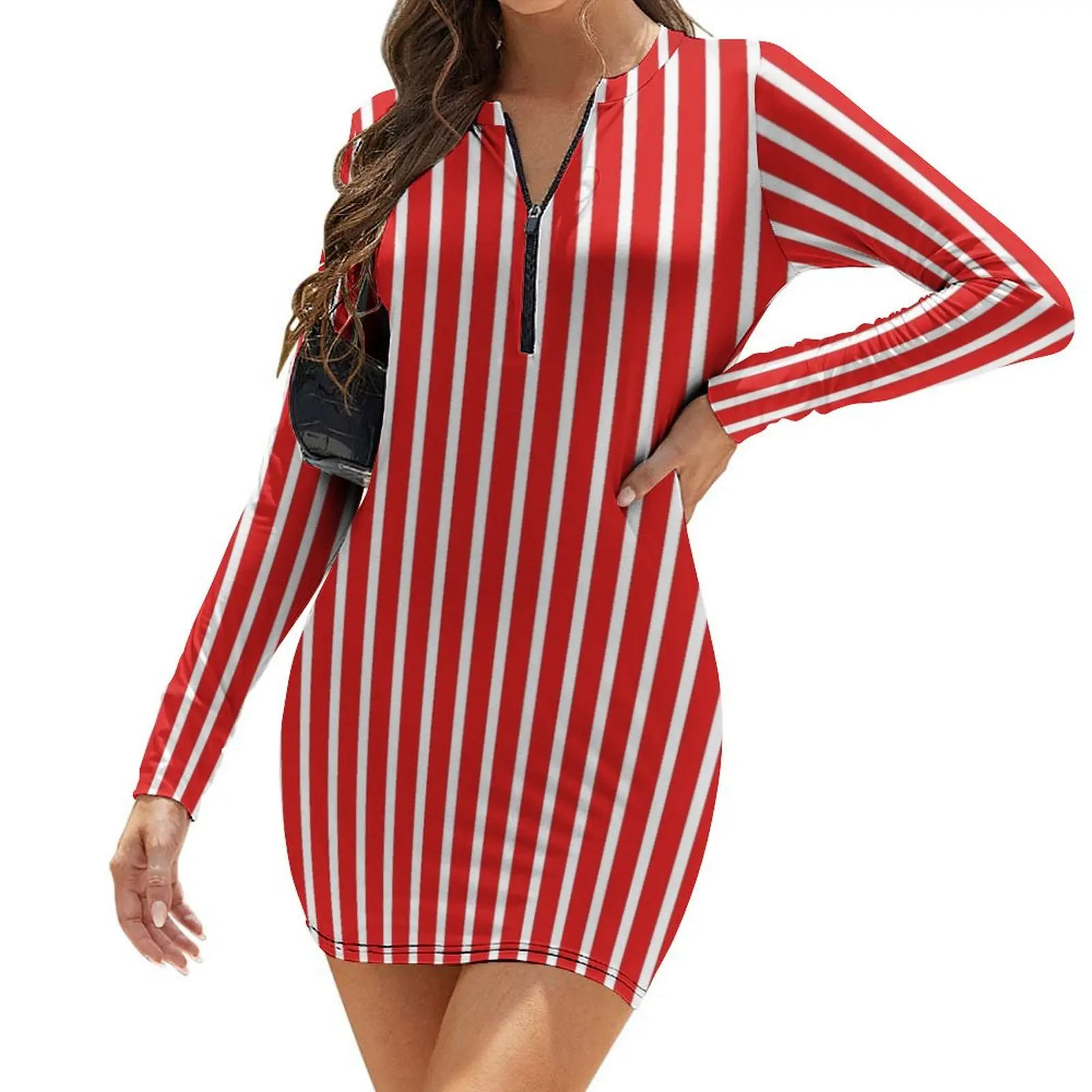 

IU Candy Stripes! Crimson and Cream, Red and white striped Long-Sleeve Bodycon Dress Cocktail of dresses Women's clothing