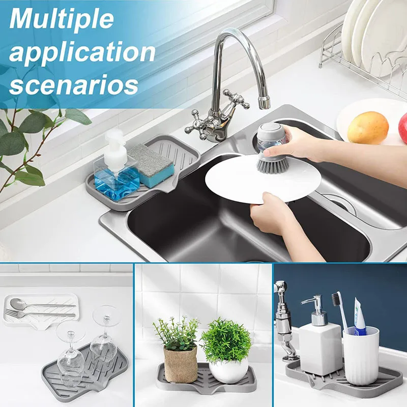 Silicone Faucet Mat Kitchen Sink Tray Soap Dispenser Sponge Drain Pad Sink Splash Drying Mat Countertop Storage Tray Organizer faucet mat soap dispenser tray kitchen sink mat