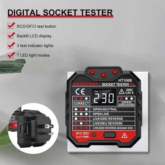 Digitális Aljzat Tesztelő Intelligens Feszültségdetektor Rcd Gfci Ncv Teszt Nagy Lcd Kijelző Föld Nulla Vonalú Polaritás Fázis Ellenőrzése