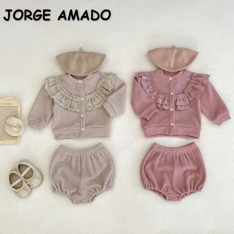 

New Spring Autumn Baby Girl Cute Set Waffle Lace Patchwork O-neck Long Sleeve Coat+Knitted PP Shorts Newborn 2pcs Outfits E23124