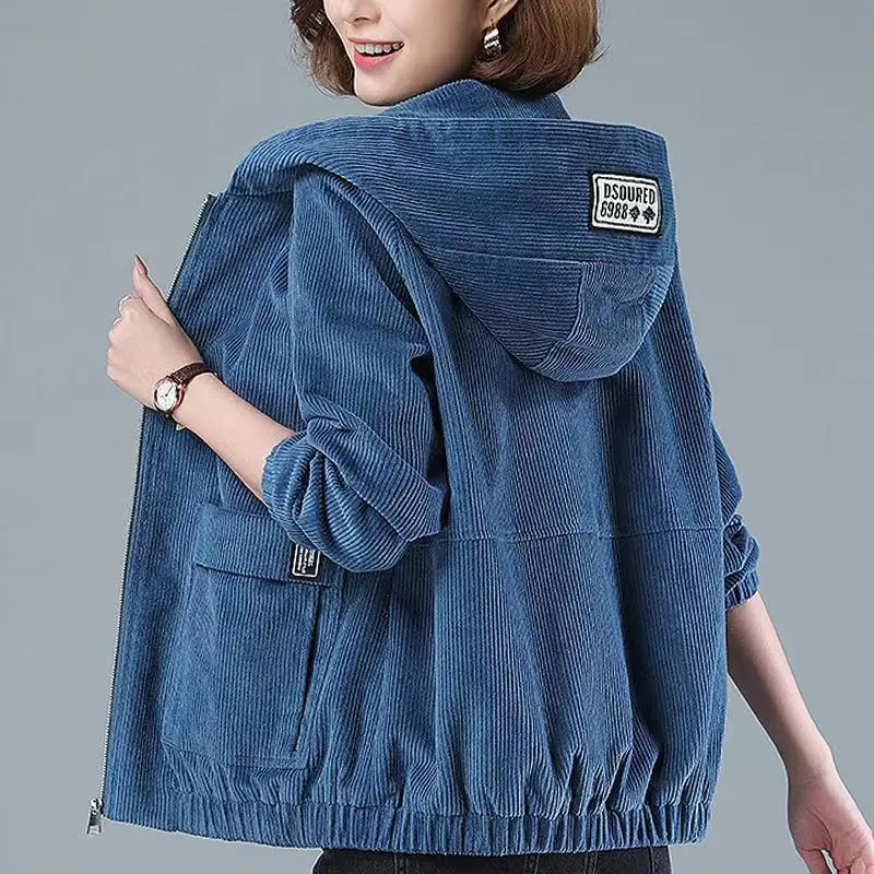 

Women Autumn and Winter Korean New Corduroy Hooded Zipper Coat Pockets Spliced Loose Leisure Warm Young Style Long Sleeves Tops