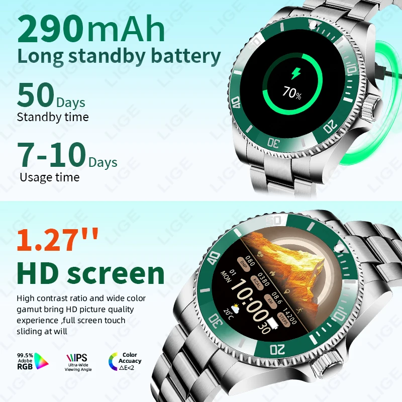 LIGE Men's Luxury Full Steel Smartwatch BT Call Voice Assistant Man Wristwatch 100+ Sports Sleep Monitor Watches For Android iOS