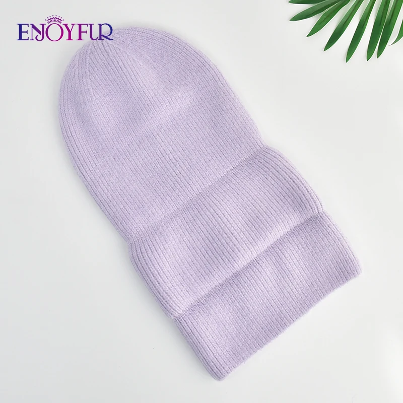 ENJOYFUR Women Winter Angora Hat Thick Warm Three Fold Long Rabbit Hair Wool Knit Hat Womens Fashion High quality Winter hats 4
