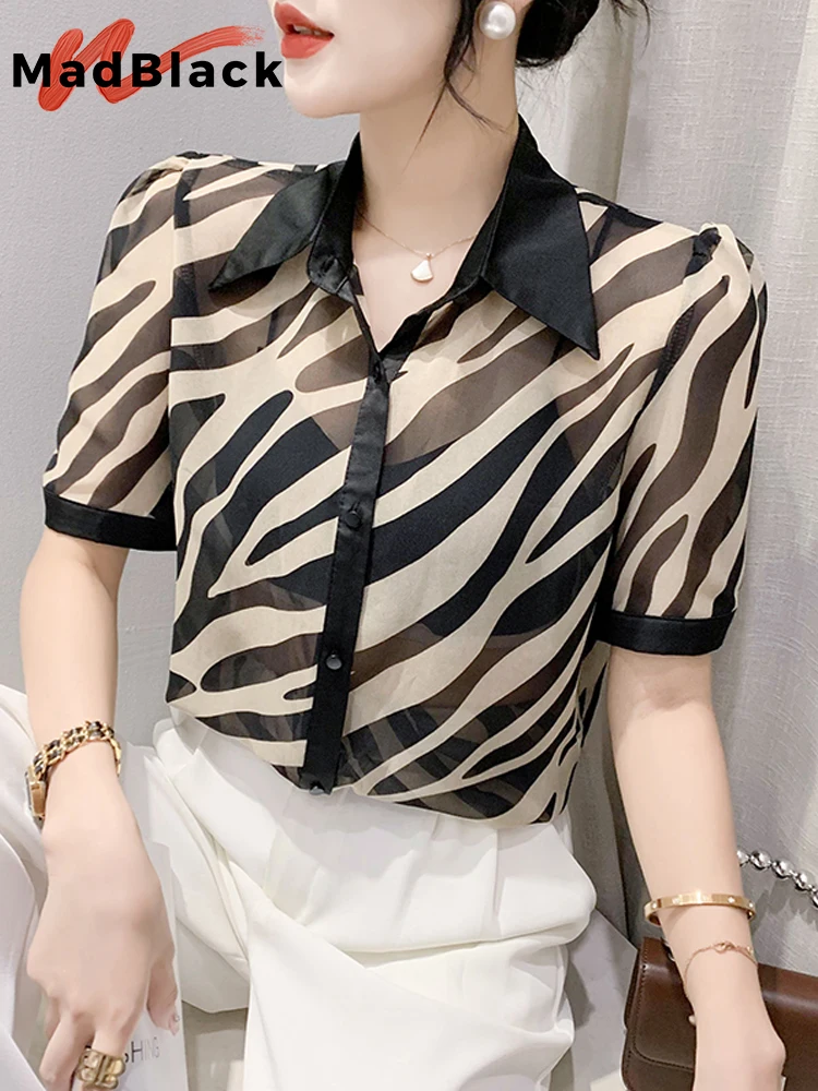 

Женские летние Прозрачные рубашки MadBlack, пикантные свободные топы с отложным воротником и принтом зебры, шифоновые блузки с коротким рукавом, новинка 2023, T35279C