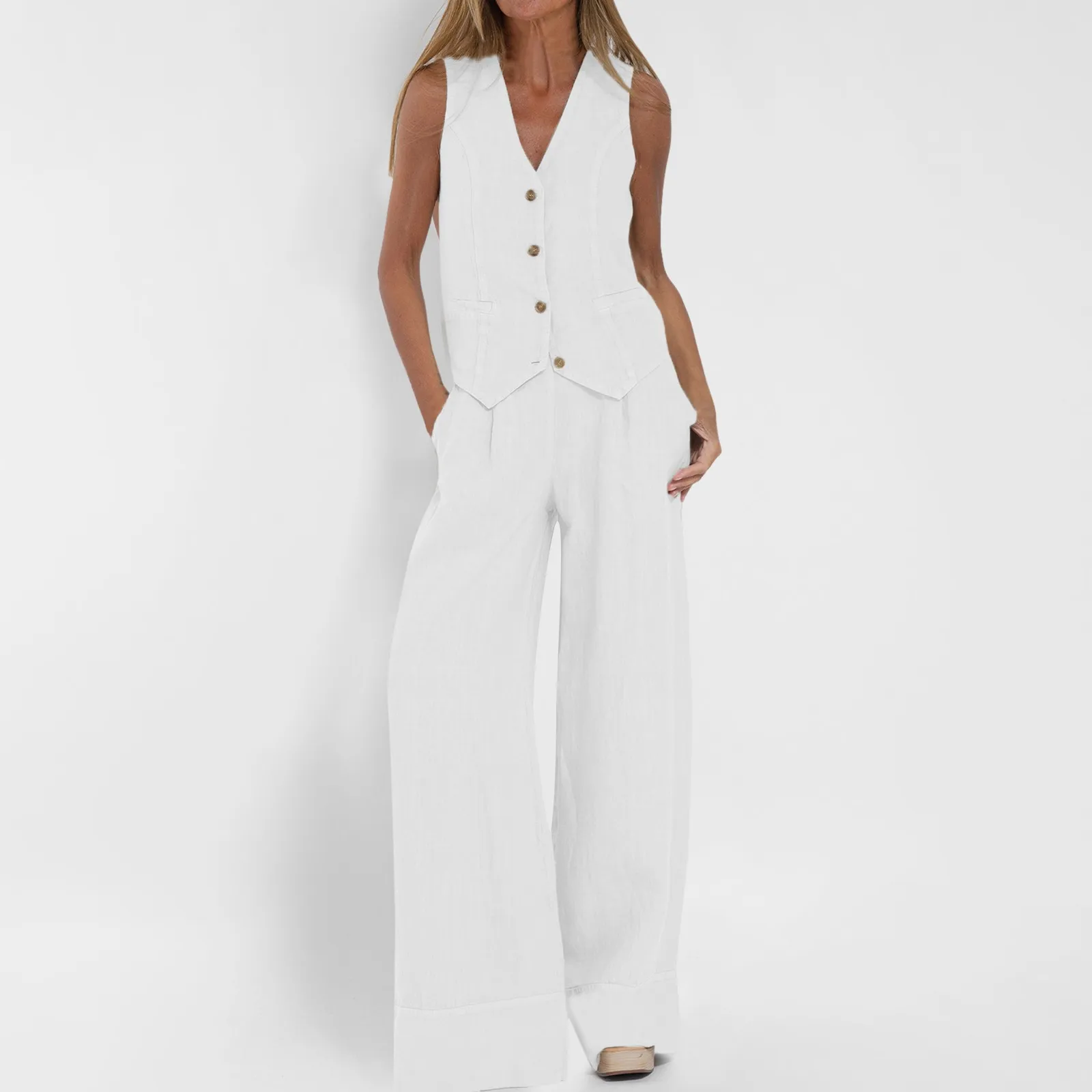Women's 2 Piece Cotton Casual Outfits Womens Button Sleeveless Vest Shirt Straight Wide Leg Sweat Pants And Tops for Women