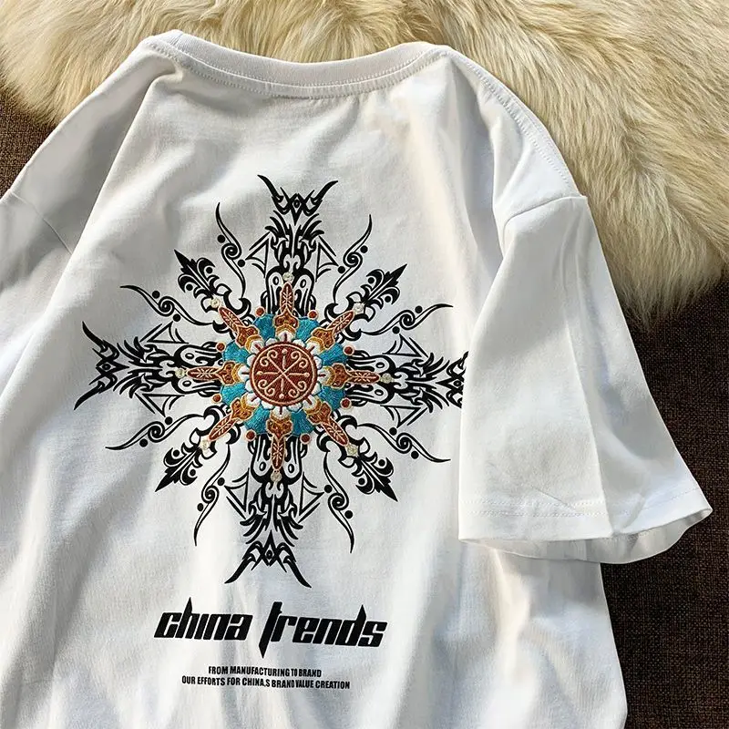 

Fashion 100% Cotton Short Sleeve T-Shirt For Male Students Couples Summer Retro Loose Top