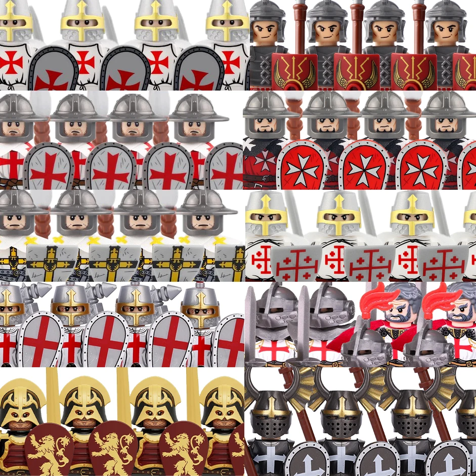 Moc Castle Knights Building Blocks Tempera Order Roma Warrior Roses Soldati Di Guerra Figure Flag Shield Lancia Mattoni Giocattoli Regalo Per Ragazzi