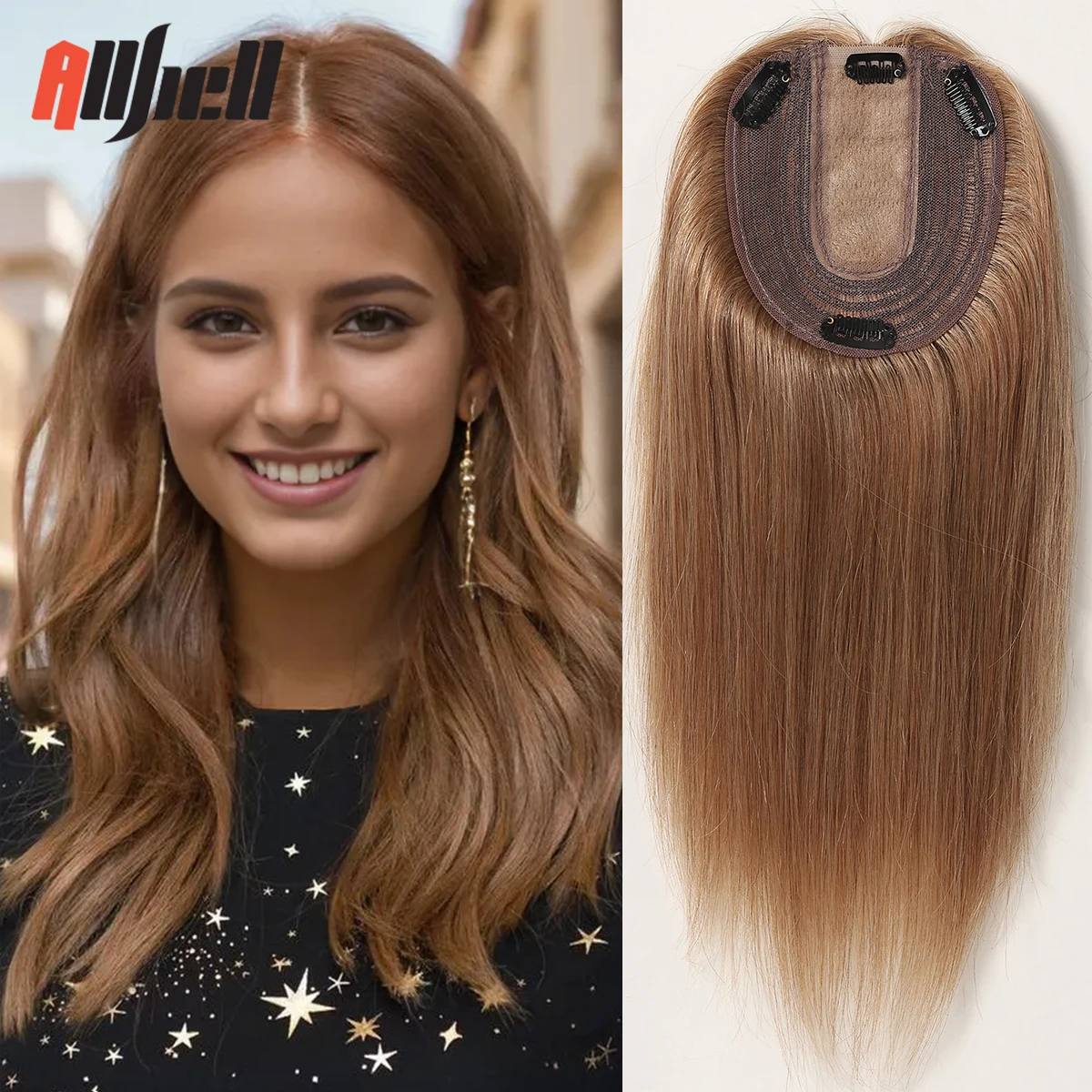 Human Hair Toppers for Black Women 12 Inches, Brown Human Hair Pieces, Middle Part Extension With Clips, Toppers in Silk Base