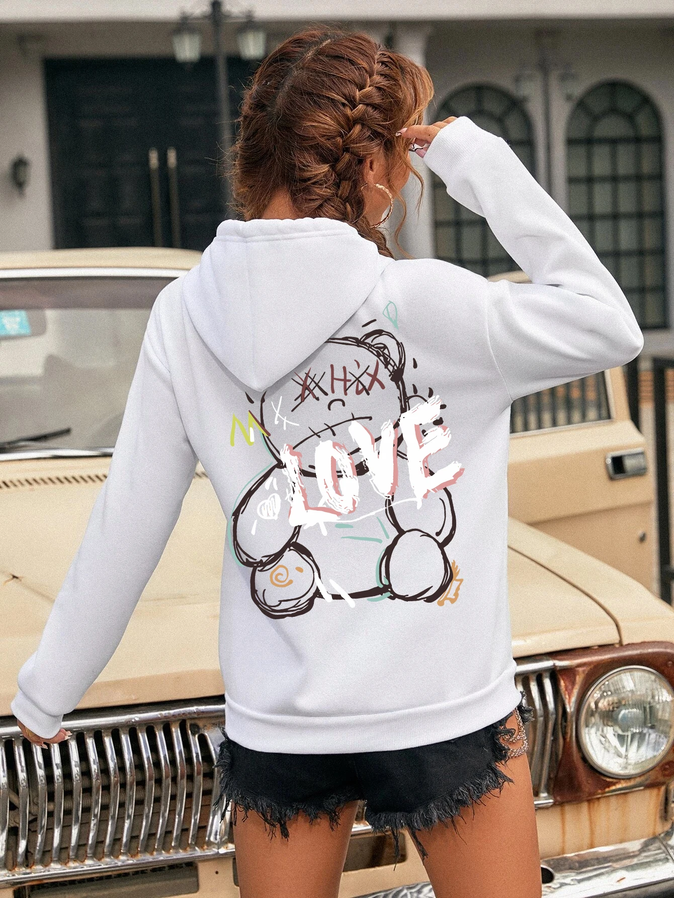 Graffiti Line Bear Simple Print Female Hoody Harajuku S-3xl Sweatshirt Fashion Casual Street Hooded Autumn Warm Streetwear Women