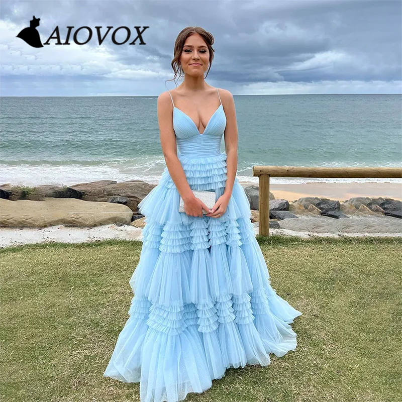 AIOVOX Prom Dress Elegant Tiered Ruffles Princess Evening Gown Sexy Ruched V-neck Tulle Court Train Vestido De Noche for Women 2021 new fashion casual wrap hip evening party vestido lady elegant bodycon slim v neck ruffles robes de cocktail cosy prom gown