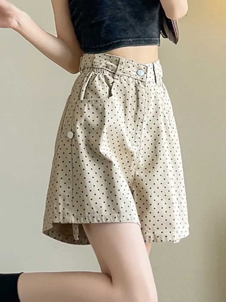 Contrast Color Fashion Wave Point Simple A-line Female Shorts Summer New Basic High Waist Street Casual Loose Women Jean Shorts