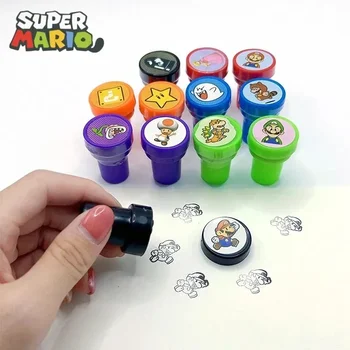 12pcs Super Marios Bros Cartoon Toy Signet Anime Pattern Seal Stamper Painting Photo Album Decoration Birthday Gift