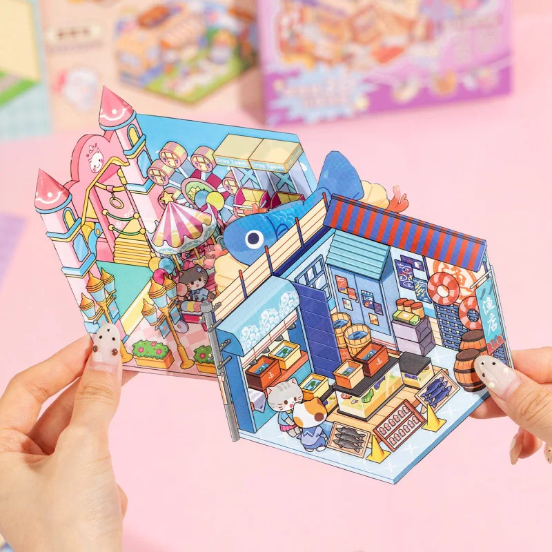 45개 미니어처 풍경 코일 스티커 북 라이스 캣 시리즈 핸드헬드 레저 DIY 3D 장면 스태킹 풍경 스티커