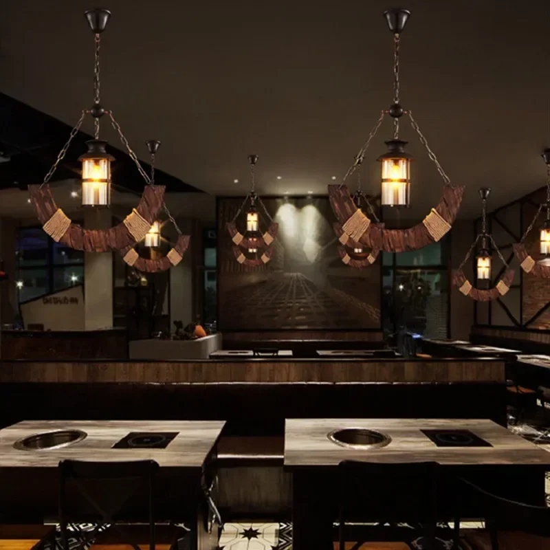 Retro Solid Wood Hanging chandelier LOFT Bar Vintage Industrial Old Boat wooden Suspension indoor Decor Lighting Luminaire