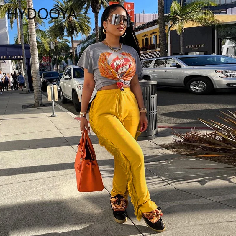 

Новые хипстерские повседневные брюки с боковыми кисточками для женщин, однотонная спортивная одежда с высокой талией и кулиской, брюки, уличная одежда, женские Капри с разрезом на подоле