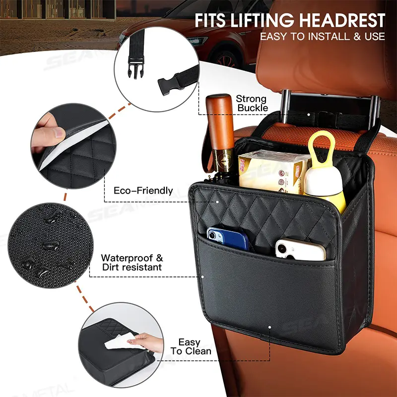 BLALION Multifunctional Car Seat Storage Bag Leather Storage Bag Garbage Bag Hanging Storage Bag Suitable For Most Car Models - Image 5