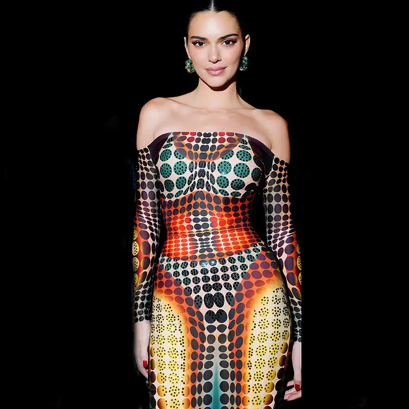 

Sexy Slash Neck Strapless Dress Women Ankle Length Patchwork Characteristic Illusions Print Streetwear Female Clothing 2023