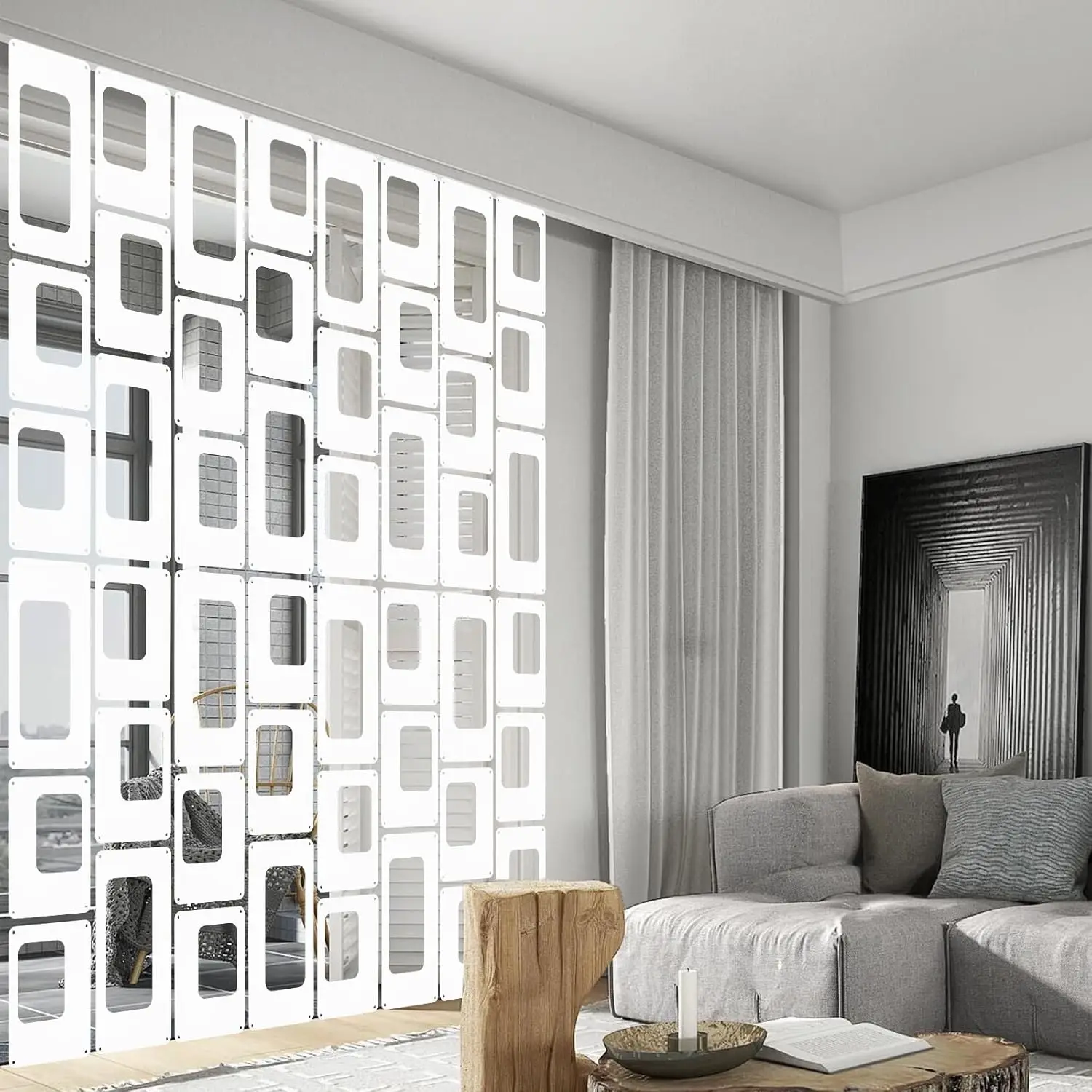 Anminy 48 Pcs Hanging Room Divider Decorative Thick Wall Privacy Screen Panels Set Modern Geometric Pattern Hollow Out Design 6