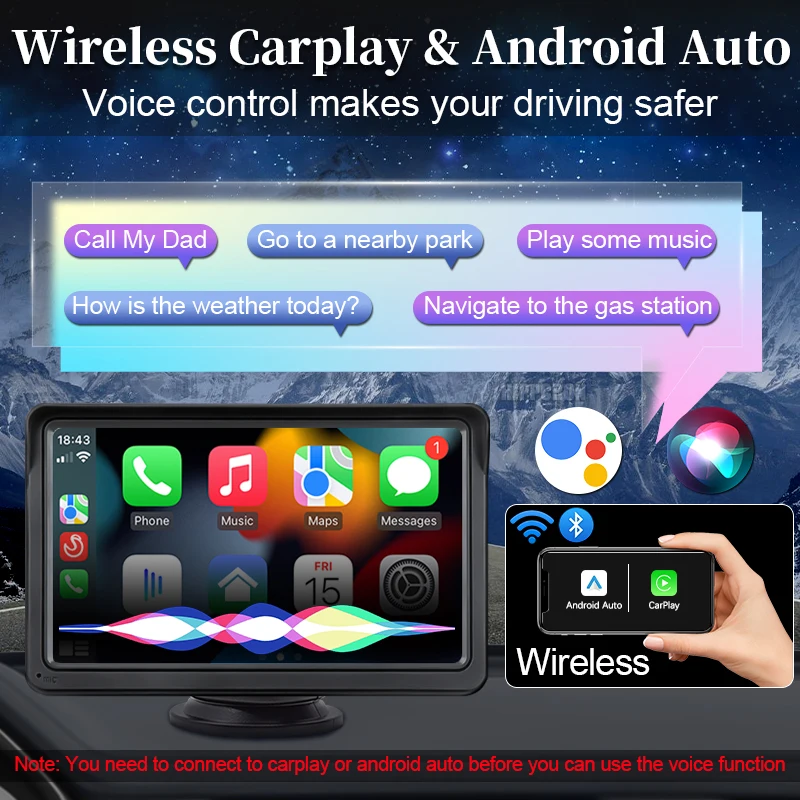 7inch Car Radio Portable Multimedia Video Player With Wireless CarPlay Android A