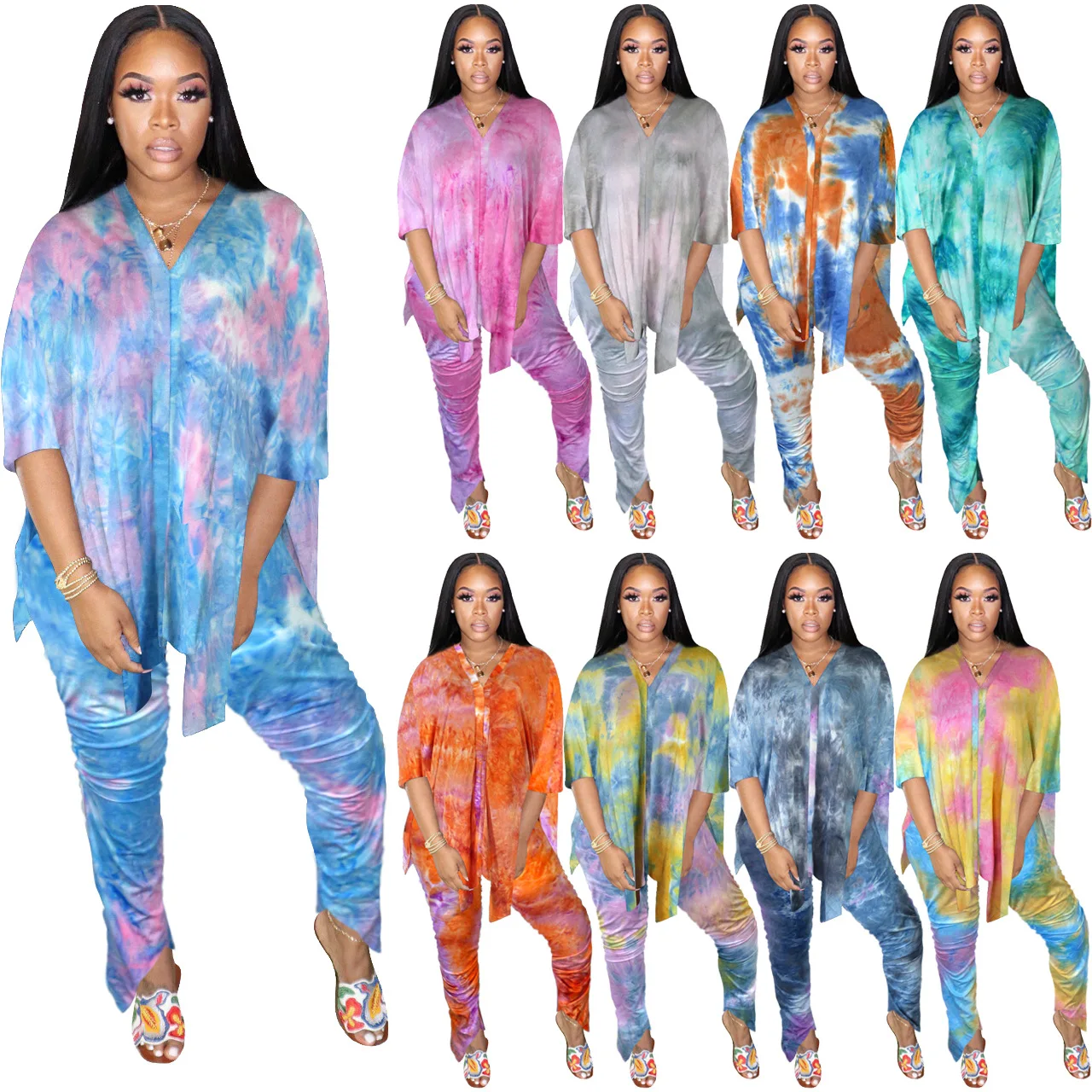 HAOOHU Women Home Two-Piece Sets 2023 Autumn Fashion Casual Pants Suit Tie-dye V-neck Blouse Tights Print Women Clothing Urban