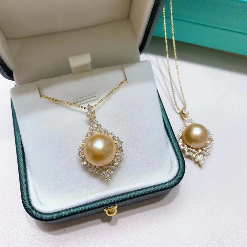 

18K gold-plated full zircon AAA 10-11mm 12-13mm 11-12mm South Sea Gold round Pearl Pendant Necklace 18in