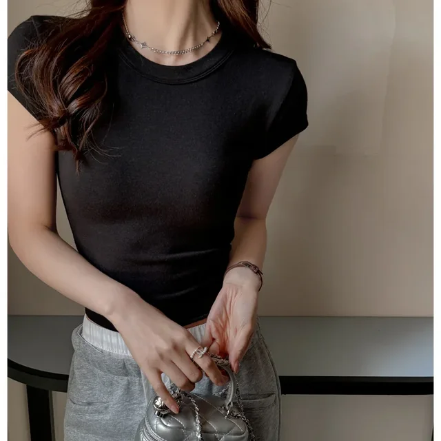Slim Fit Red Crew Neck Short Sleeve T Shirt - Solid Color Stretchy Crop Top, For Street Daily Club Summer Casual Outfits 3