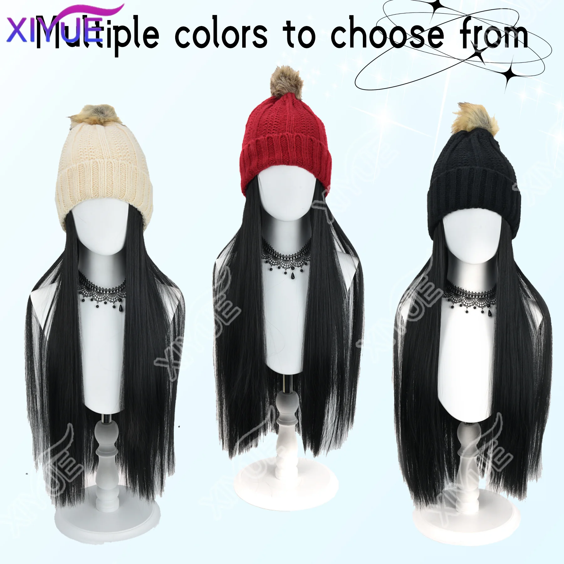 XIYUE Hat Wig Synthetic Hat Hair Extensions Wigs For Women Long Straight Hair Warm Plush Knitted Autumn Winter Cap