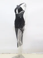 Sexy Sequined Mesh Patchwork High Split Skinny WoHalter Cut Out Bodyconwear Dress