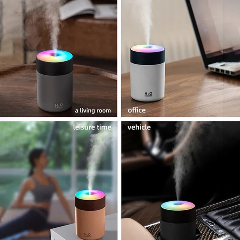 USB 휴대용 공기 가습기, 자동차 아로마 테라피 기계, 가정 침실 공기 청정기, 다채로운 LED 조명 포함, 300ml