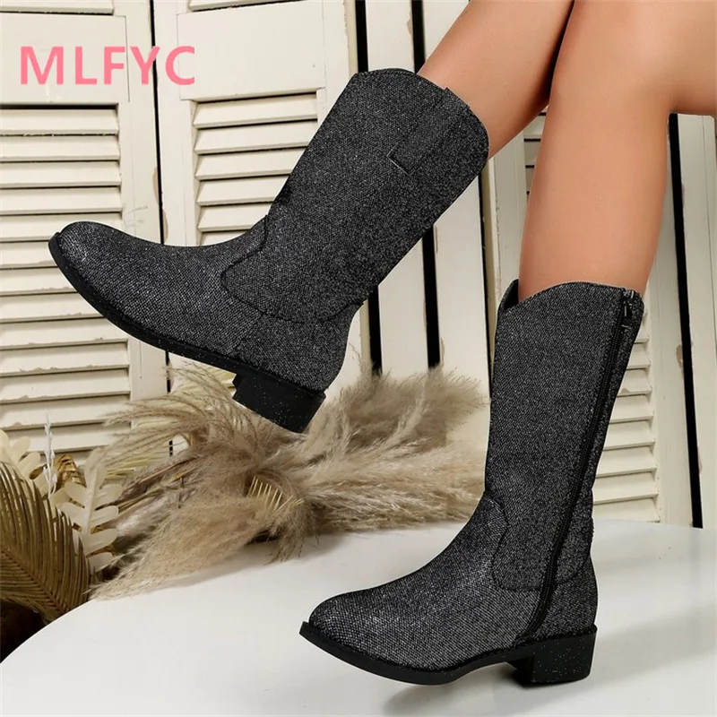 Autumn and Winter New European and American Women's Shoes Low Heel Sequins Fashion Network Red Mid Sleeve Boots for Women