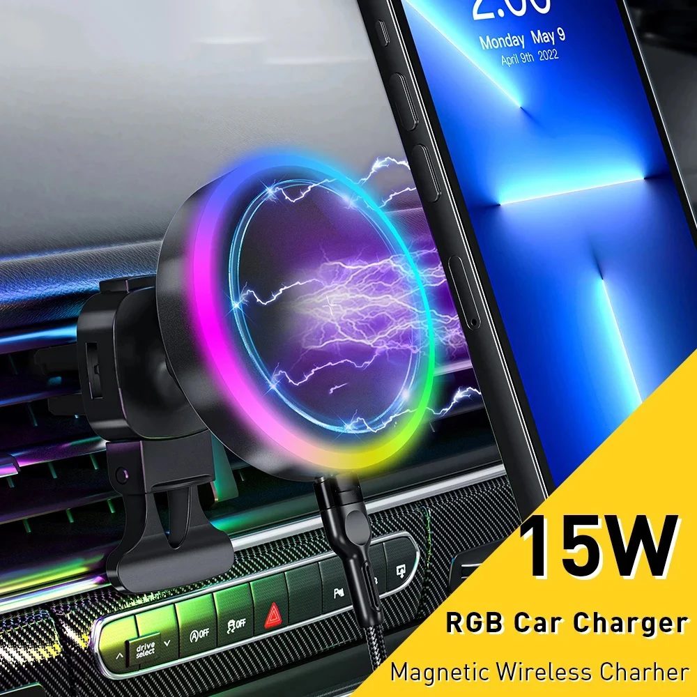 Fast Charging Magnetic Wireless Car Charger with RGB LED Light and Universal Air Vent Phone Holder