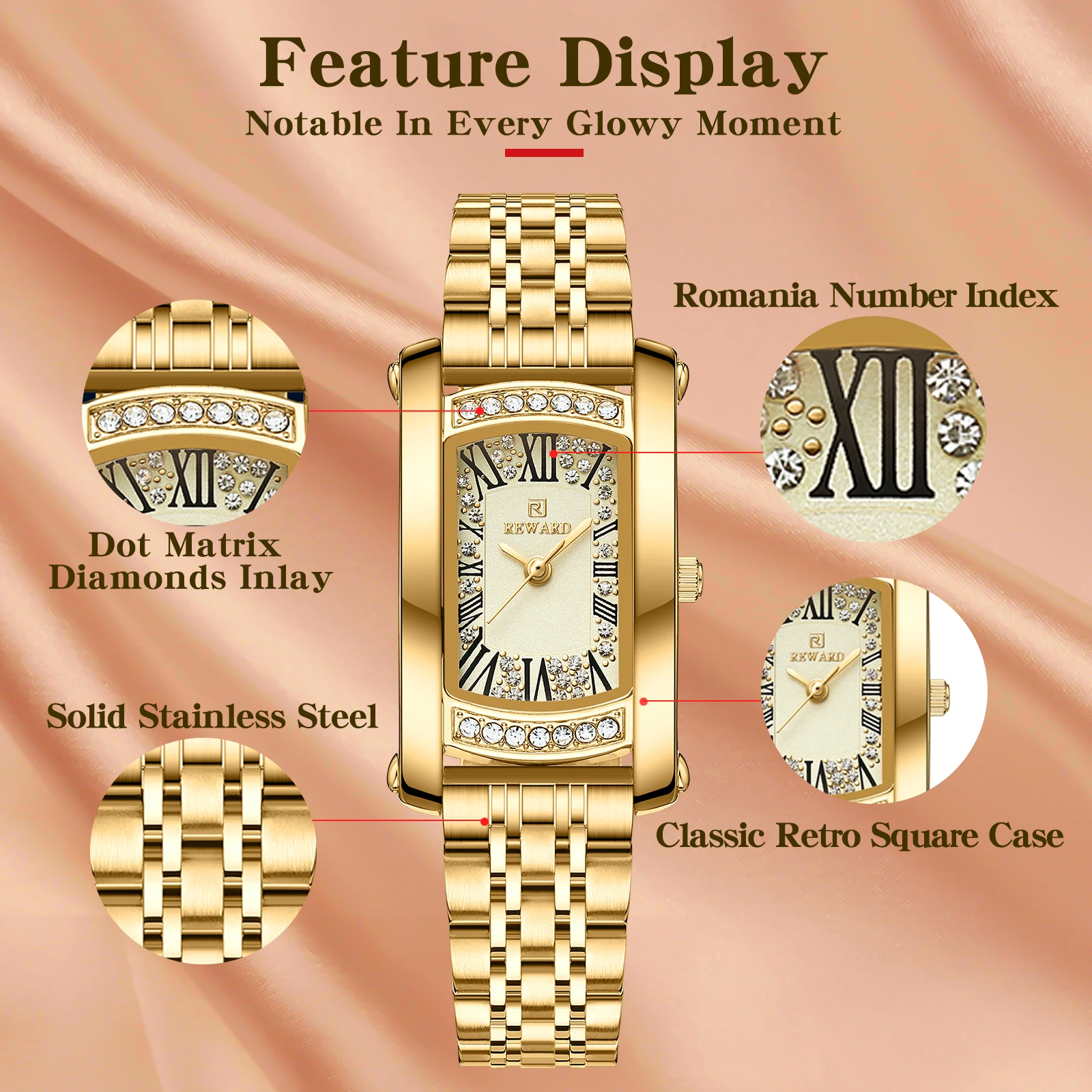 REWARD New Design Japanese Movement Quartz Watches for Women Stainless Steel Wristwatches  Waterproof Gold Female Simple Watch