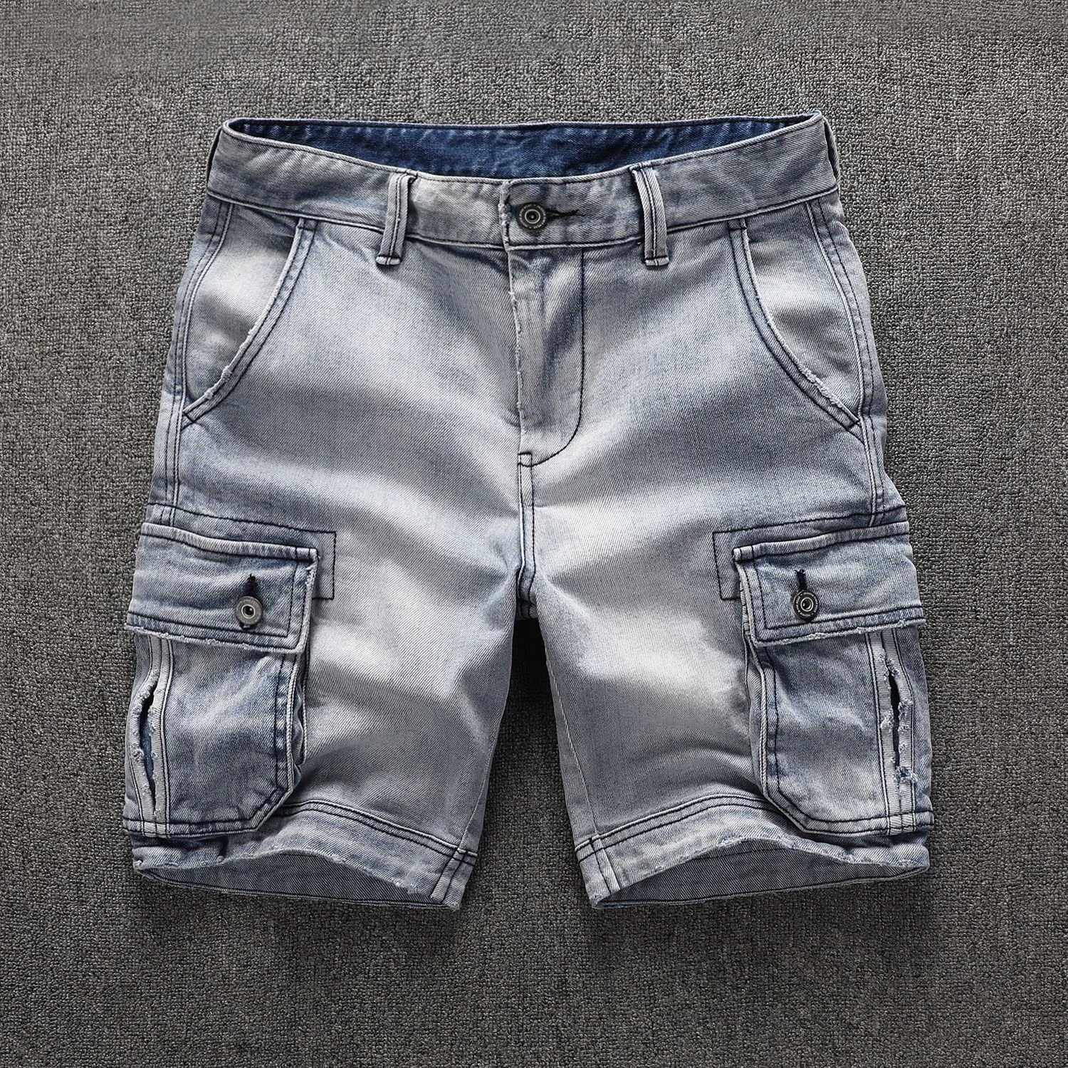 

2023 New in Summer Denim Short Men Retro Washed Casual Mid-waist Straight Knee Length Jeans Male Many Pockets Pant