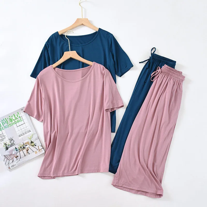 Pajamas Suit Cotton Crepe Ladies Solid Color Simple Shortsleeved Shirt