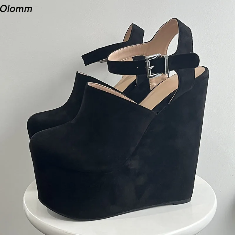 

Olomm Handmade Women Platform Sandals Flock Wedges High Heels Round Toe Elegant Black Casual Shoes Ladies Size 5-15