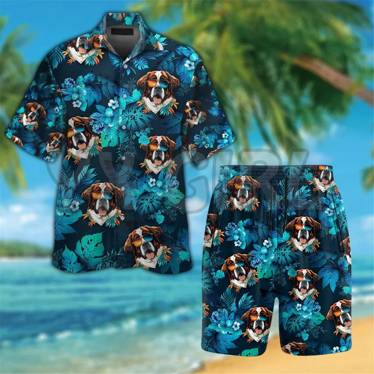 Saint Bernard Dog Wearing Sunglass Funny Hawaiian Shirt 3D Printed Hawaiian Shirt+Beach Shorts Summer Tops